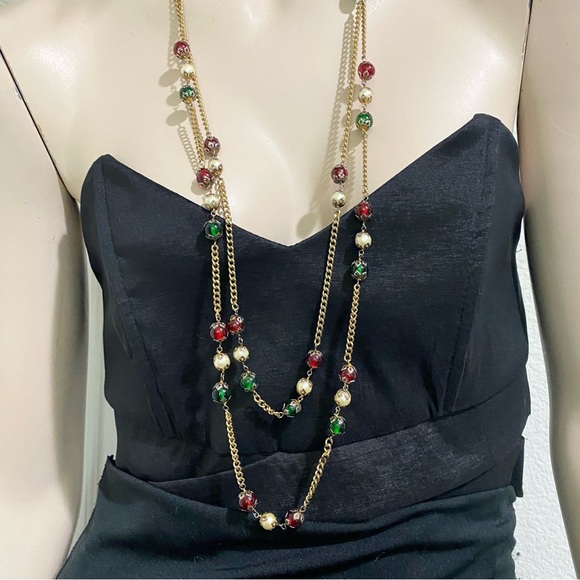 Handmade Red Green Beads Faux Pearl Gold-tone Long Chain Necklace - Picture 3 of 13